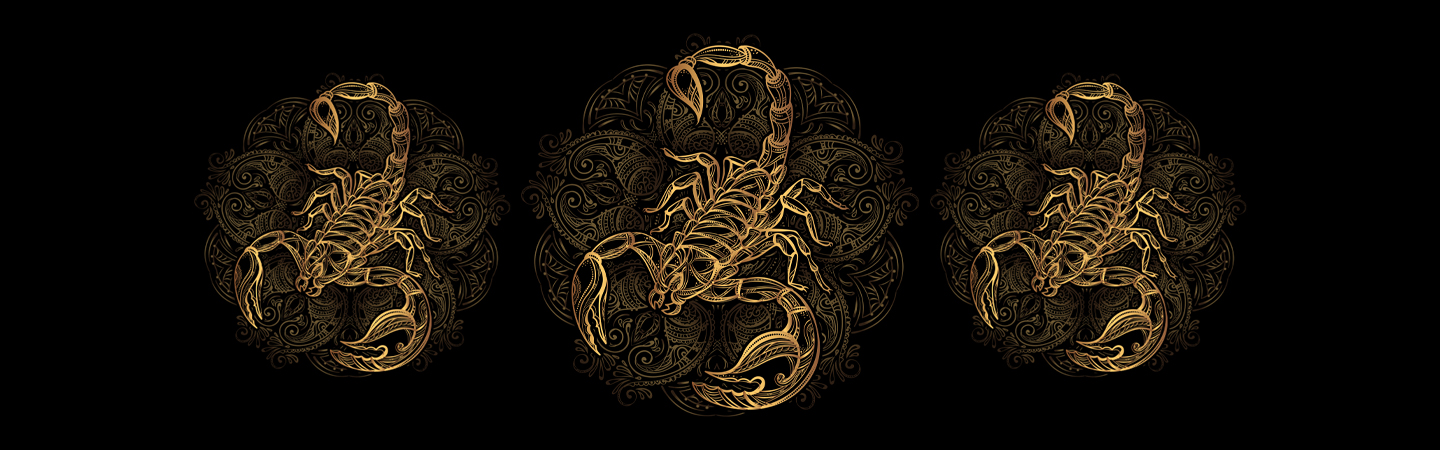 Three elaborate scorpions centered on a black screen